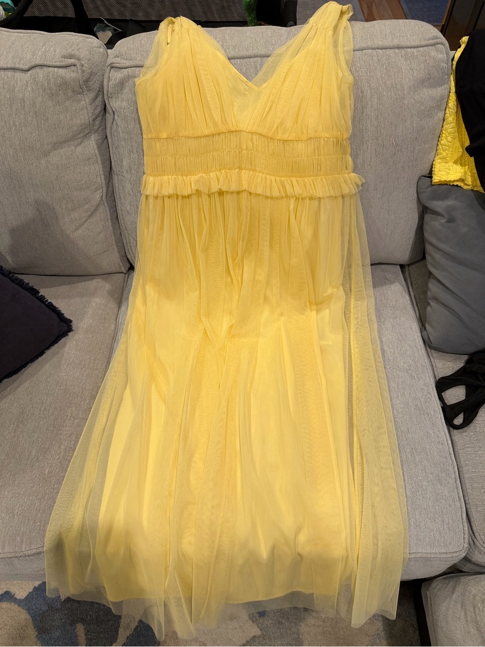 Zara Pale Yellow Tulle V-Neck Dress